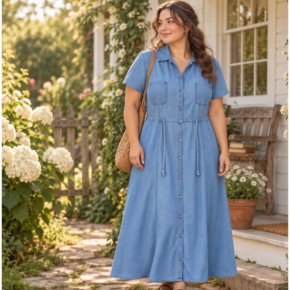 Vintage 90s Denim Maxi Dress Blue Button Front Size 16 Cottagecore Teacher Fall - Picture 1 of 7